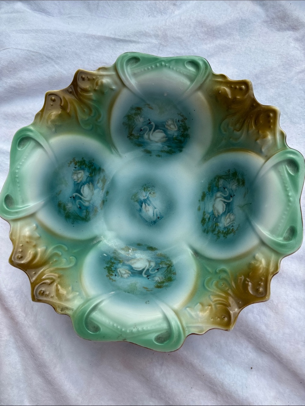 Vintage Decorative Swan Scene Porcelain Bowl in Aqua and Brown